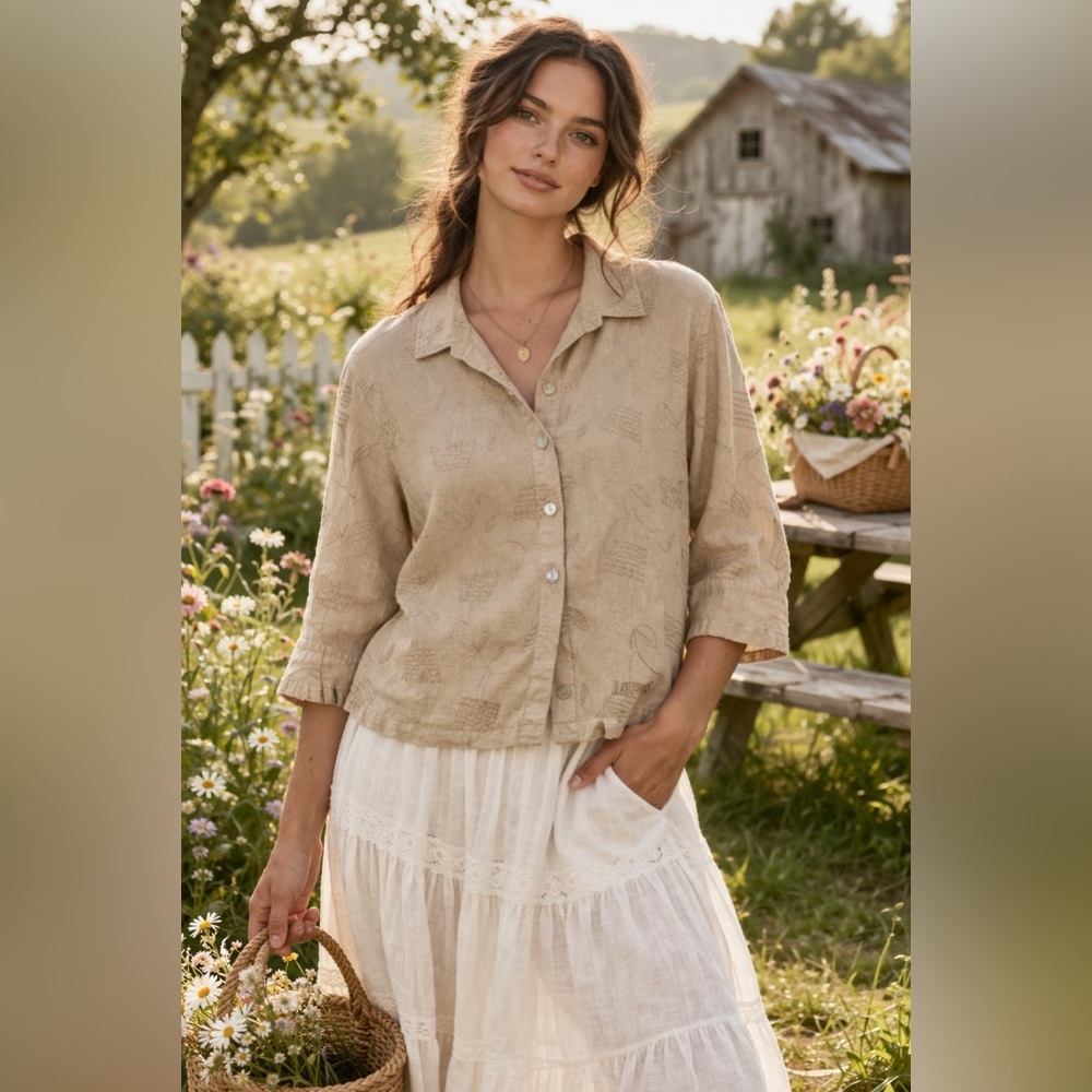 Longaberger Homestead Linen Embroidered Basket Button Up Top Medium Cottagecore